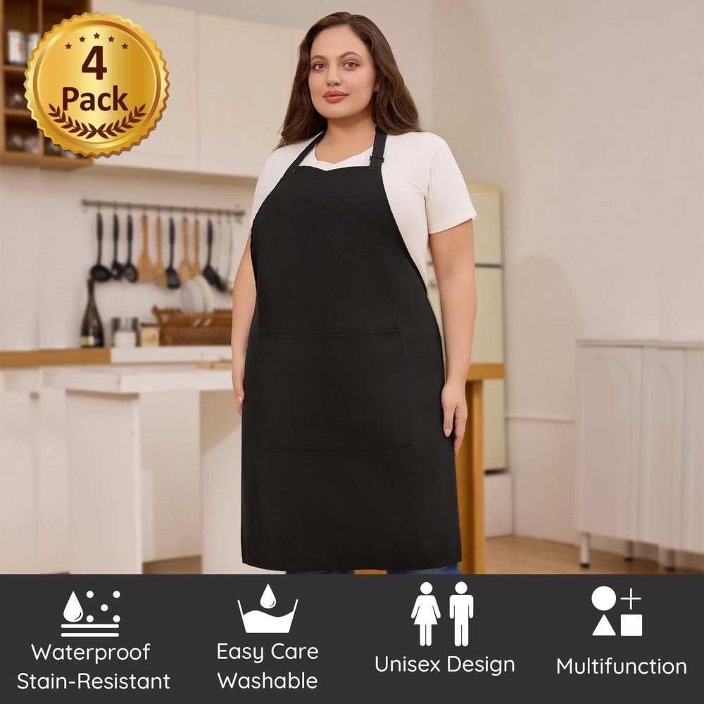4 Pack Plus Size Chef Aprons, Large Kitchen Apron with 2 Pockets, Adjustable ...