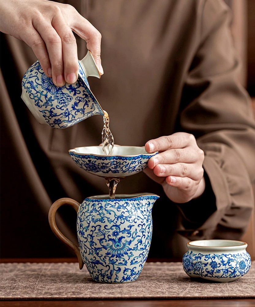 Ceramic Tea Infuser Strainers With Support Holder Saucer Blue And White