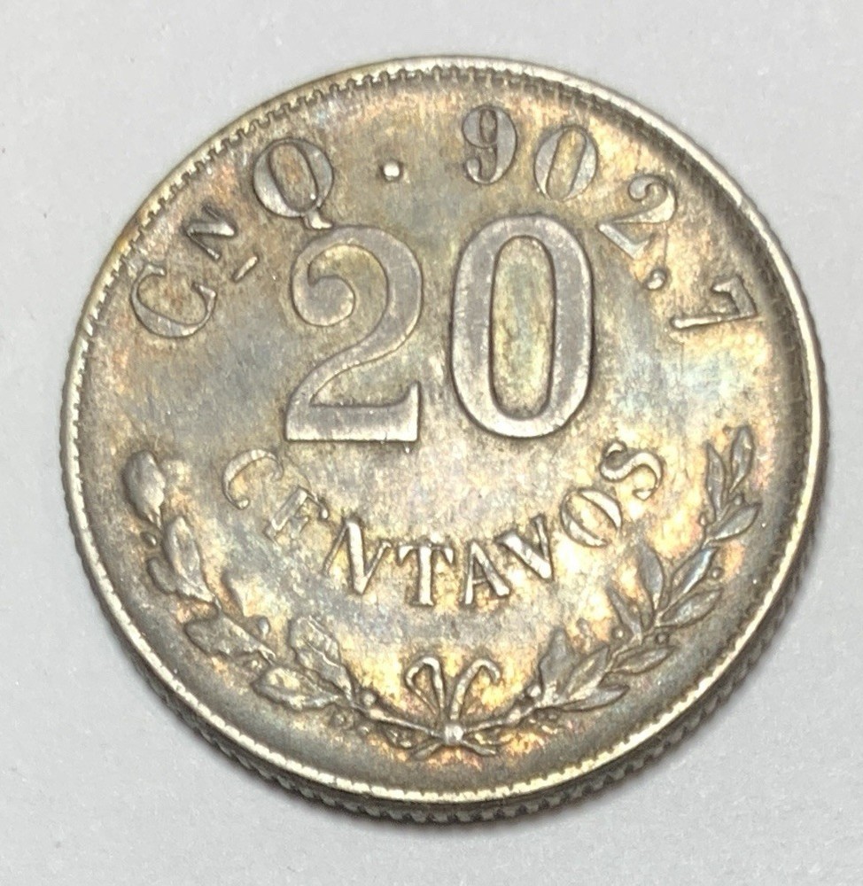 1901-Cn Q Mexico 20 Centavos Second Republic Silver Clean Fields Luster