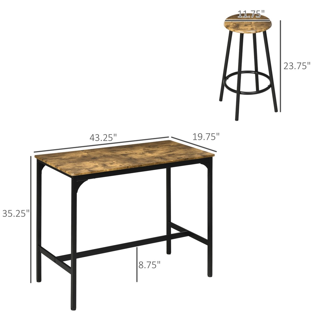 5 Piece Bar Table Set for 4, Counter Height Table & 4 Stools, Rustic Brown