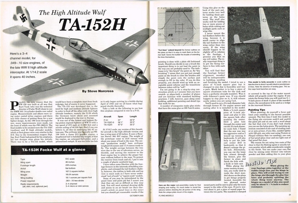 FLYING MODELS Magazine October 2000 TA-152H: RC 1/2A scale by