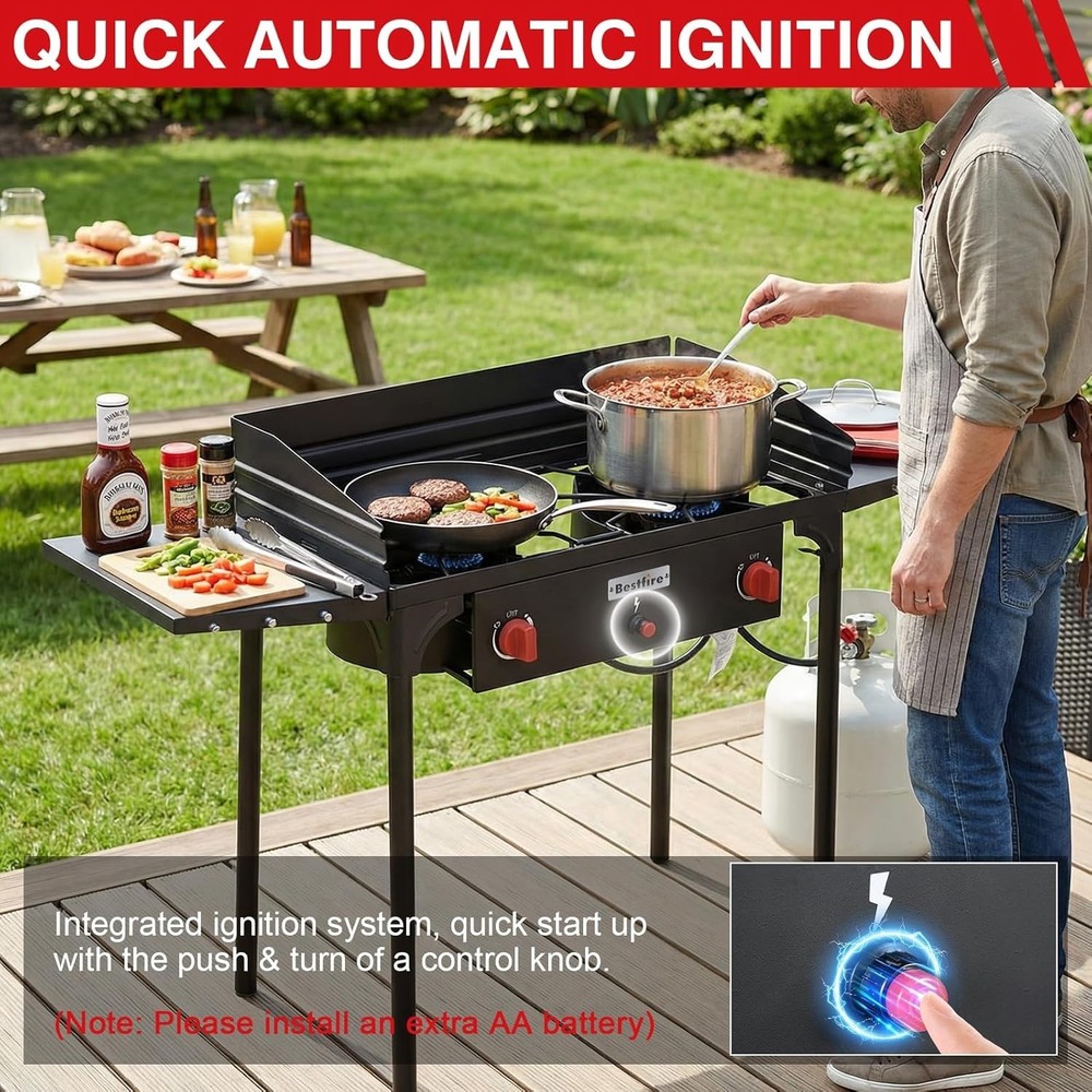 2 Burner Camping Stove with Windscreen&Side Shelves, Bag, Auto Ignition Button..