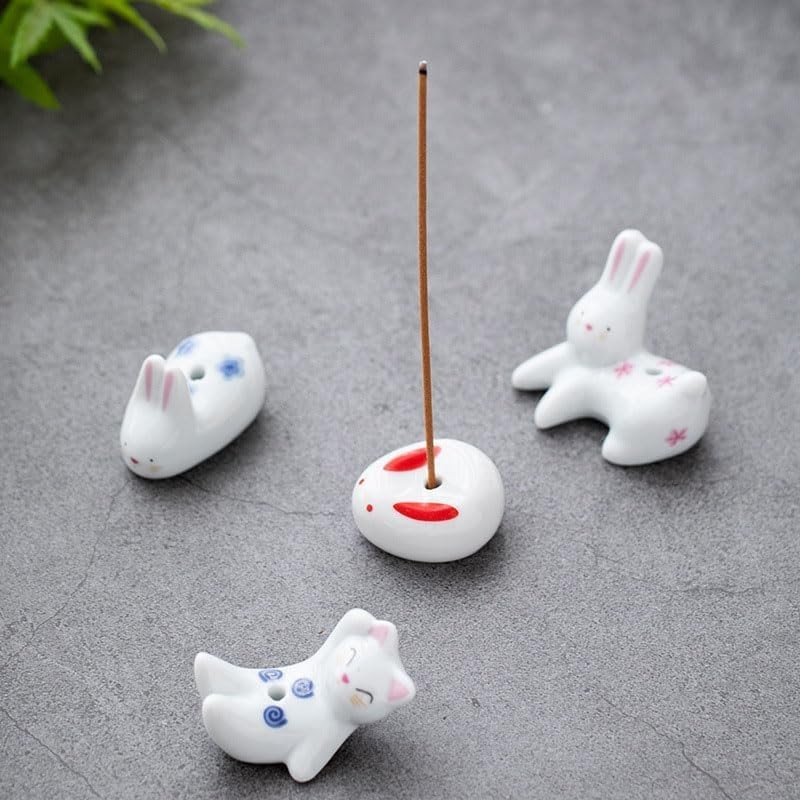 Cute White Rabbit & Cat Ceramic Incense Holders - 4Pc Set for Tranquil Spaces