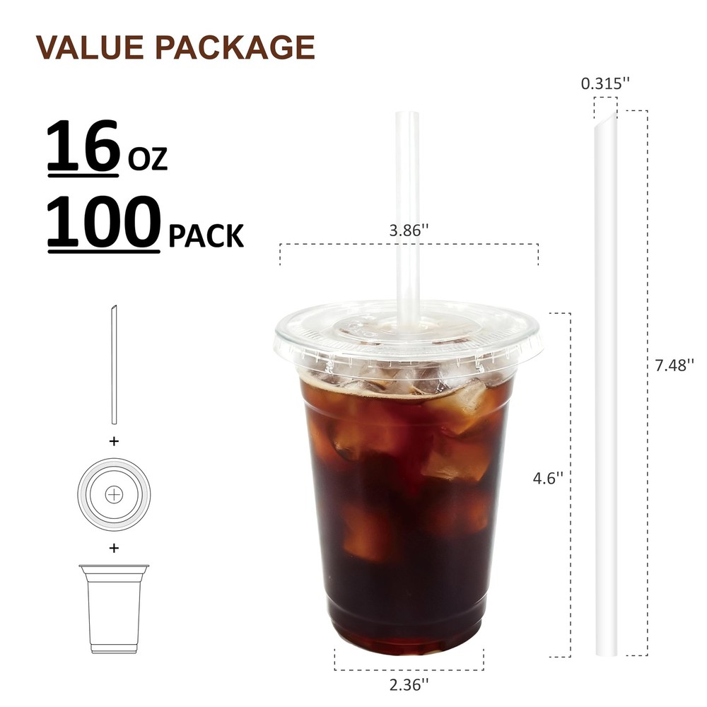 100 Pack 16oz Clear Plastic Cups with Lids and Straws