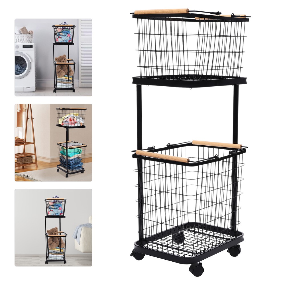 2 Tier Black Laundry Basket With Wheels Metal Rectangular Laundry Basket