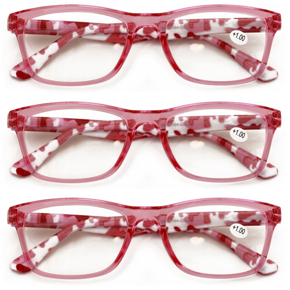 3 Pairs Women Pink Camouflage Rectangular Reading Glasses - Clear Lens Reader