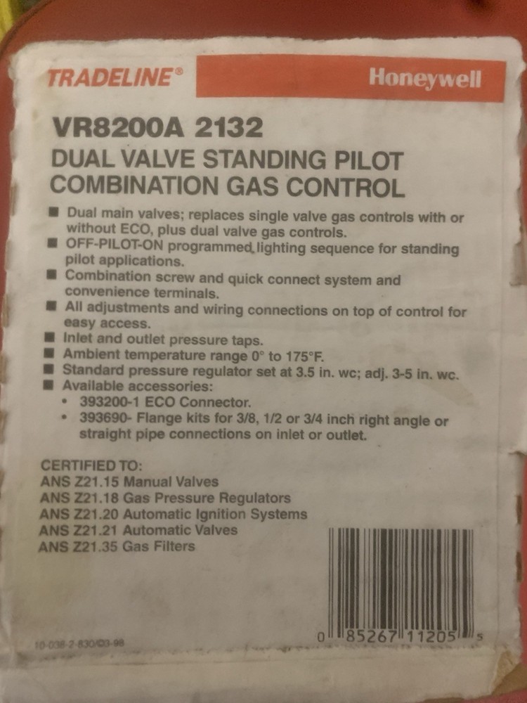 Honeywell VR8200A2132 Dual Valve Standing Pilot Gas Control 24V Electric