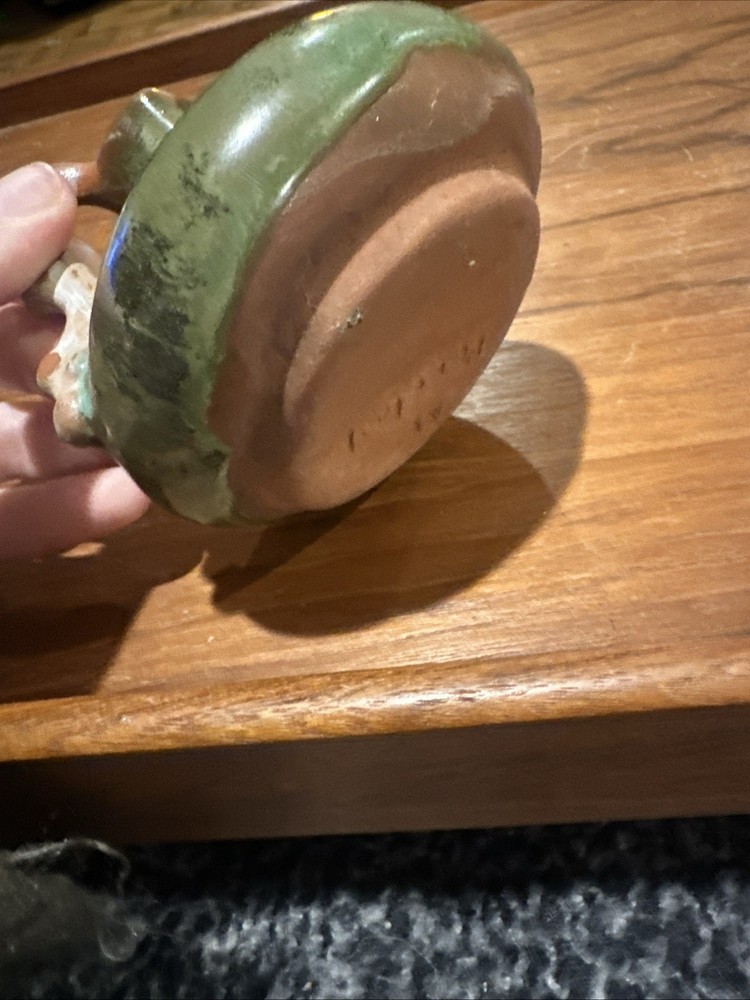 Handmade Studio Pottery Grey,Brown Green Glazed With Handle Mini Pitcher