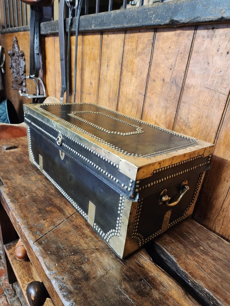 Antique Black Brass Rivetted Wooden Solid Trunk.