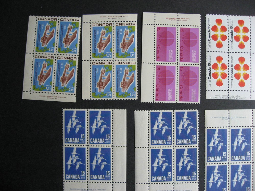 Canada 14 different better MNH 15c plate blocks, different positions count