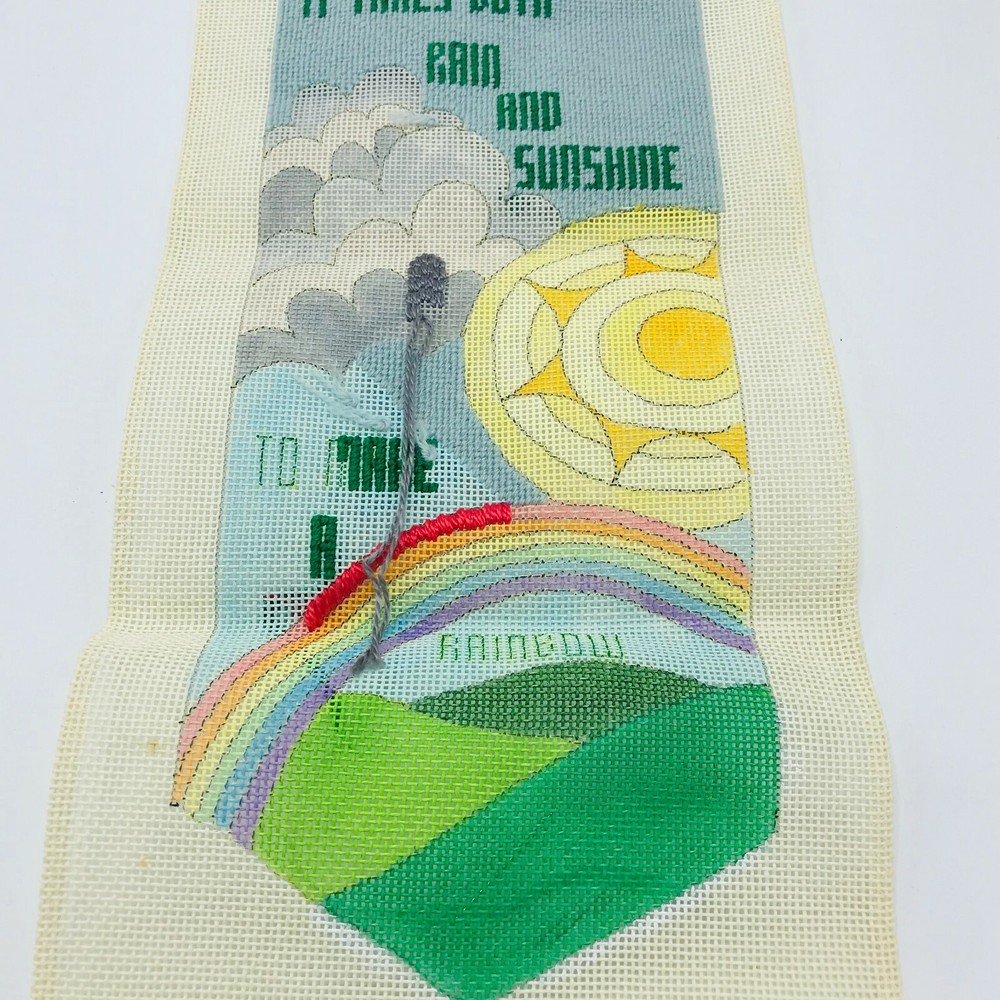 Vintage Hand Painted Needlepoint Pattern Canvas Rain Sunshine Rainbow Pride
