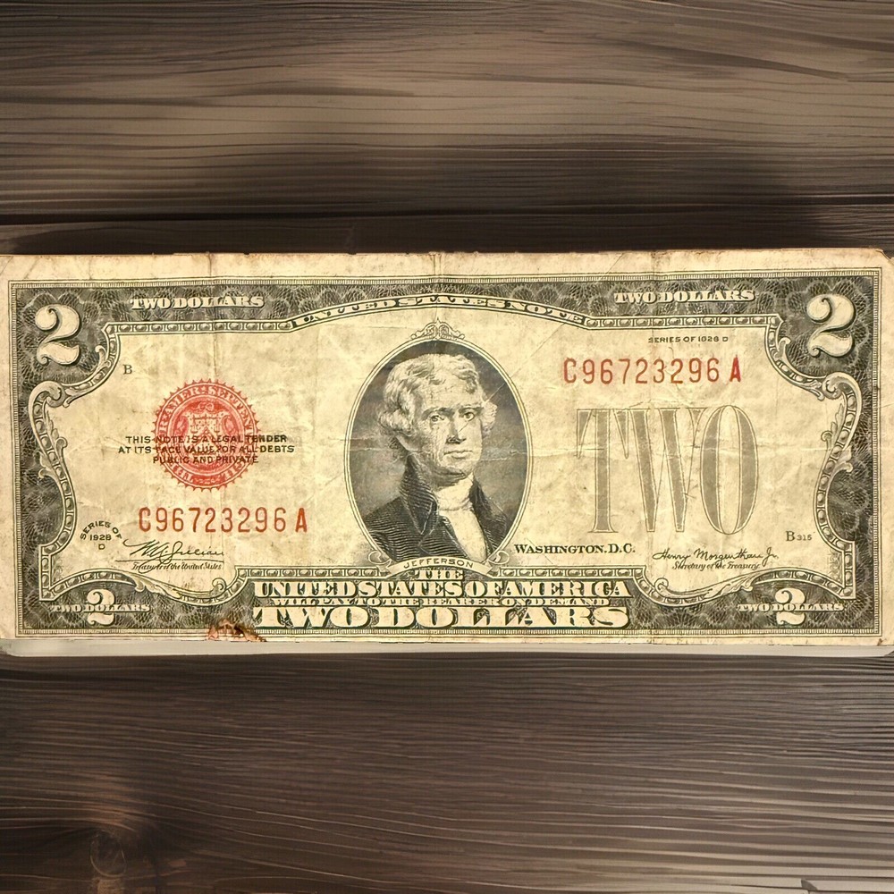 1928 D $2 U.S. Red Seal Treasury Note Misaligned Obverse Print & Sheet Cut Error