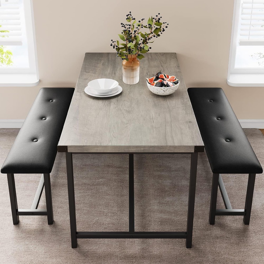 Dining Table Set 4 Kitchen Table W/ Upholstered Bench 3 Piece Rectangular Dining