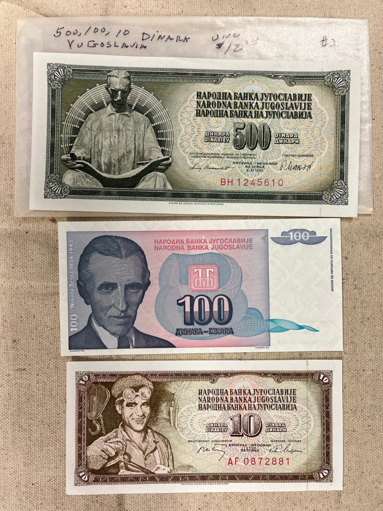 Yugoslavia 10, 100, & 500 Dinara Notes Uncirculated #2