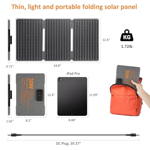 30W Foldable Solar Panel with Type-C USB 3.0 and DC Outputs 23.1% High