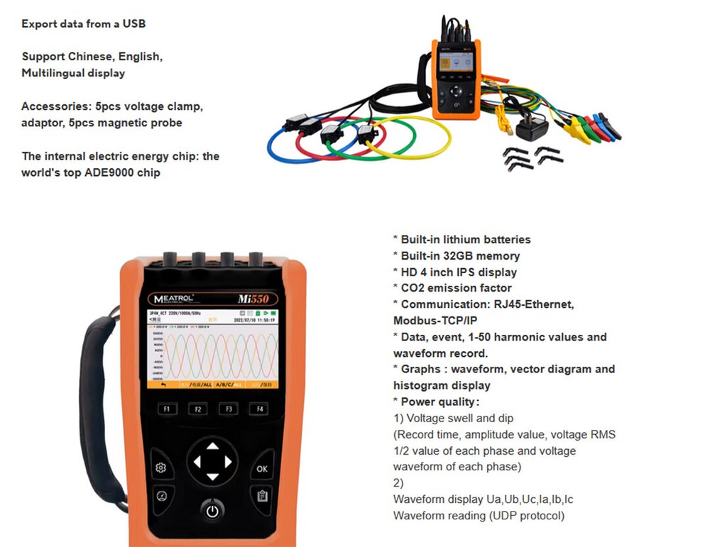 Mi550 Handheld Three phase Power quality analyzer + Harmonic + waveform record