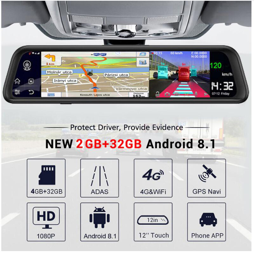 12" 4G Special bracket Car Camera rearview Android Mirror ADAS Remote Dash Cam