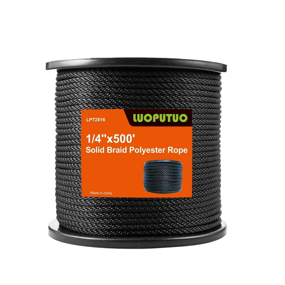1/4'' 500' Black Polyester Solid Braid Rope