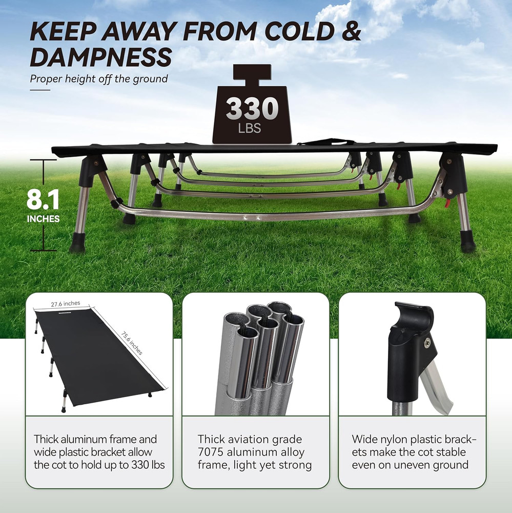 Portable Lightweight Folding Camping Cot Bed - Easy Setup, Supports 330lbs