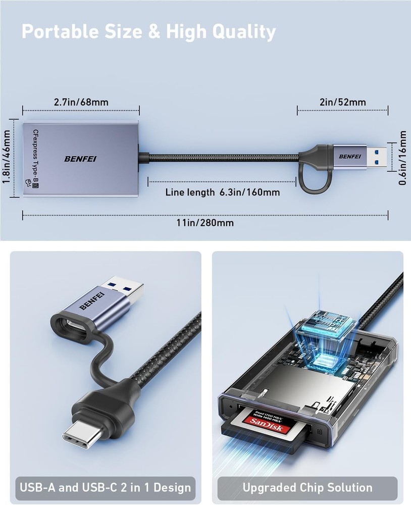 Versatile 10Gbps CFexpress Type B Card Reader with Durable USB-C & USB-A Design