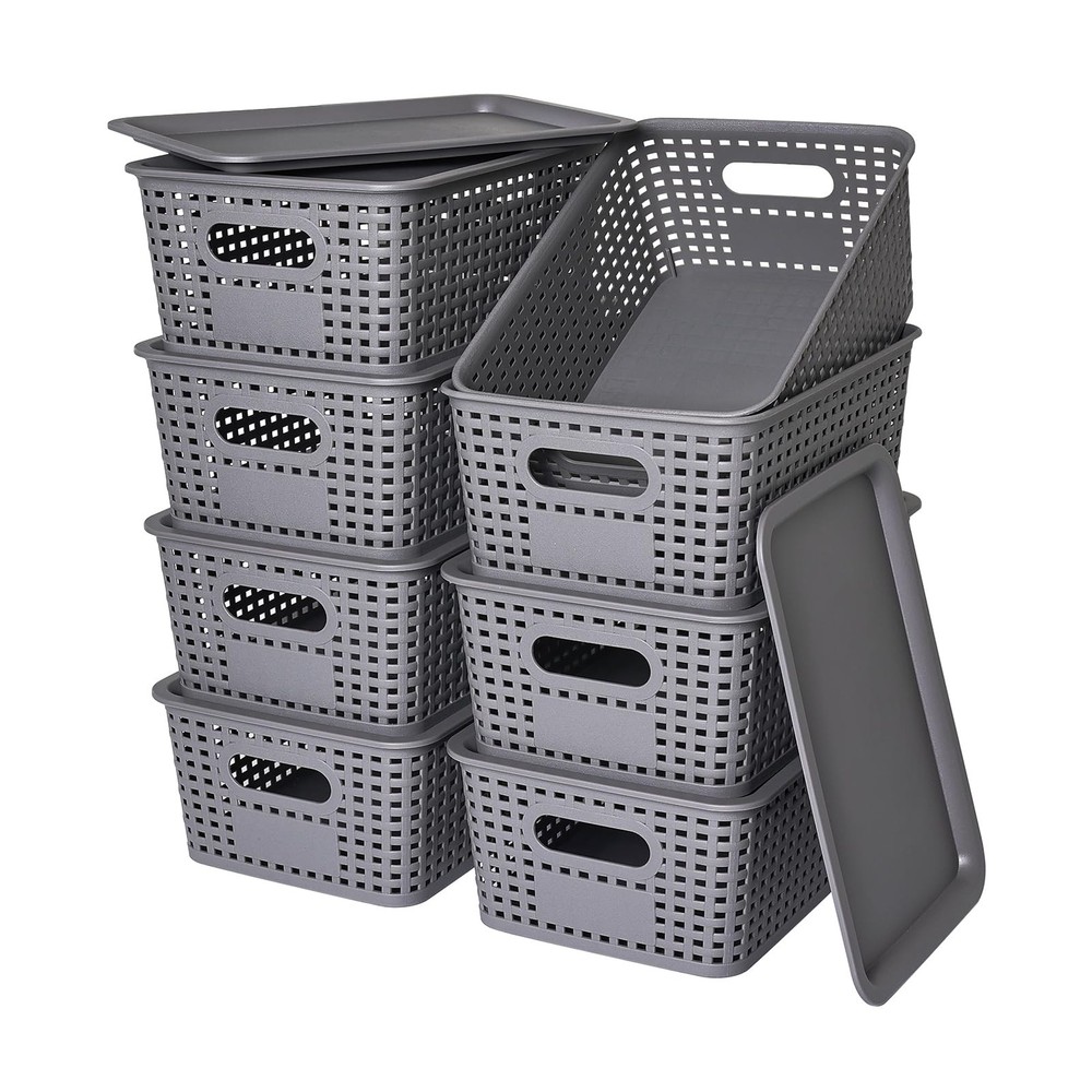Plastic Storage Baskets with Lid-Plastic Storage Containers Stackable Storage...
