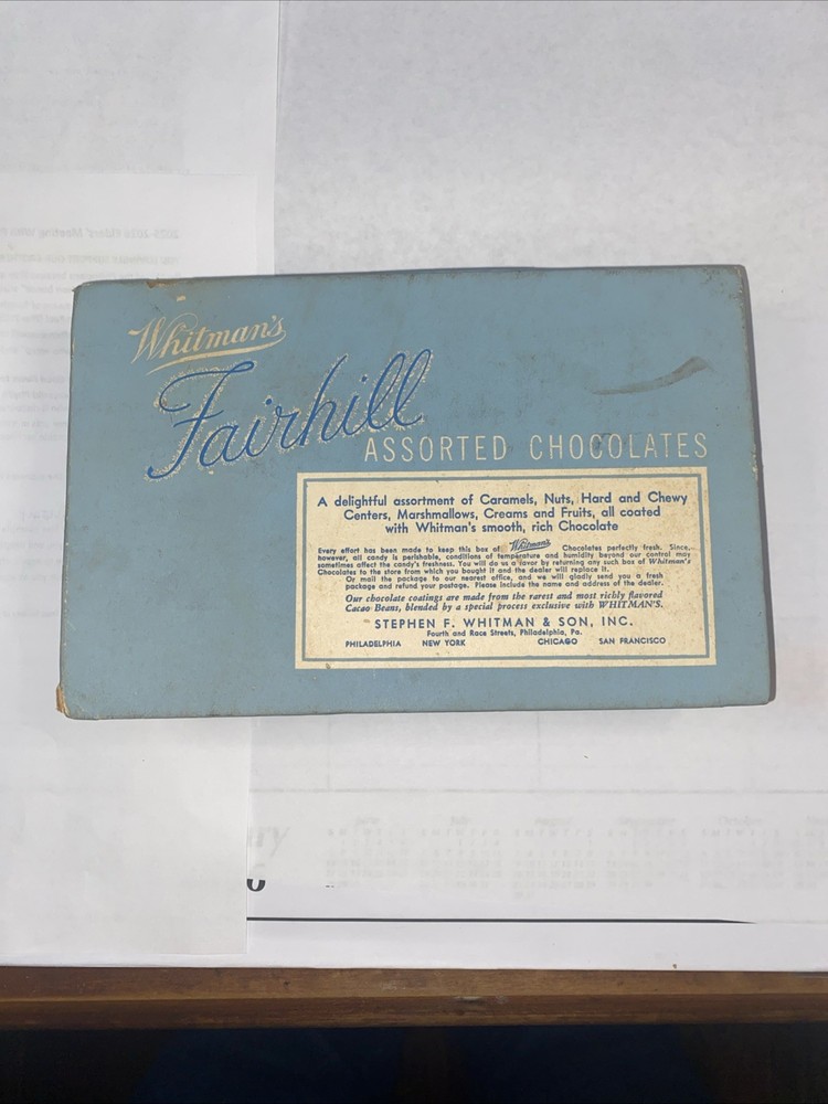 VTG Whitman’s Fairhill Chocolates Empty Box Assorted Selected Centers 1lb Box