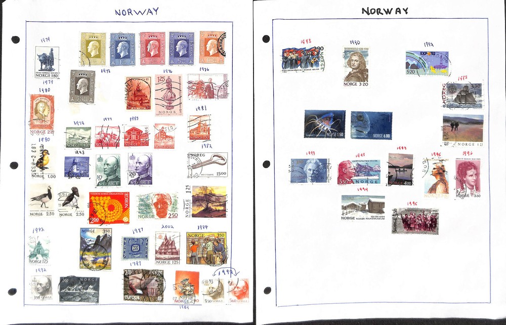 Norway Stamp Collection on 9 Pages, 1960-2004 All Different (BN)