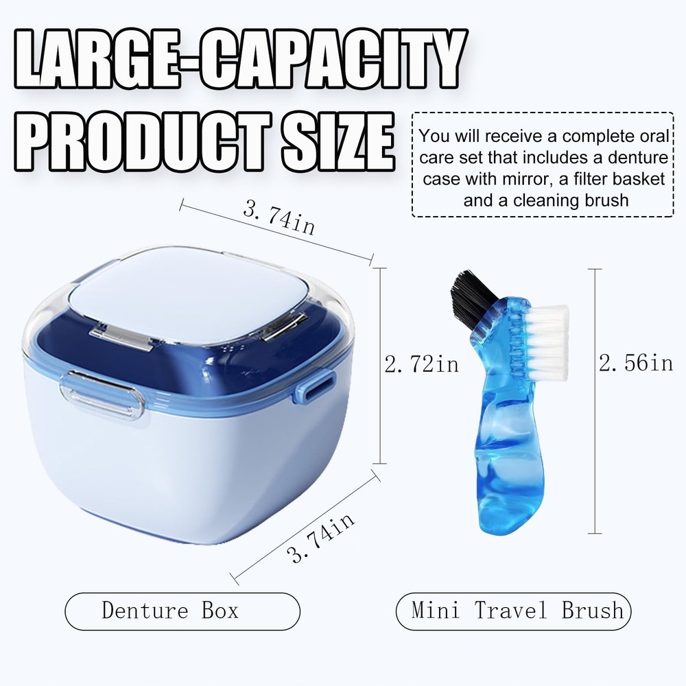 Denture Case, Retainer Cleaning Box, Large Capacity Container Blue