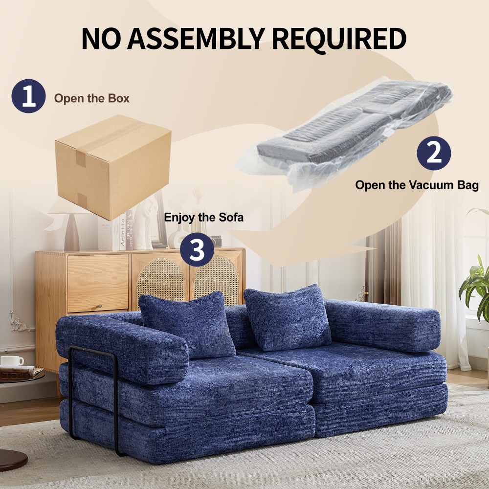 Foldable Sofa Bed with Memory Foam - Dark Blue Chenille Fabric