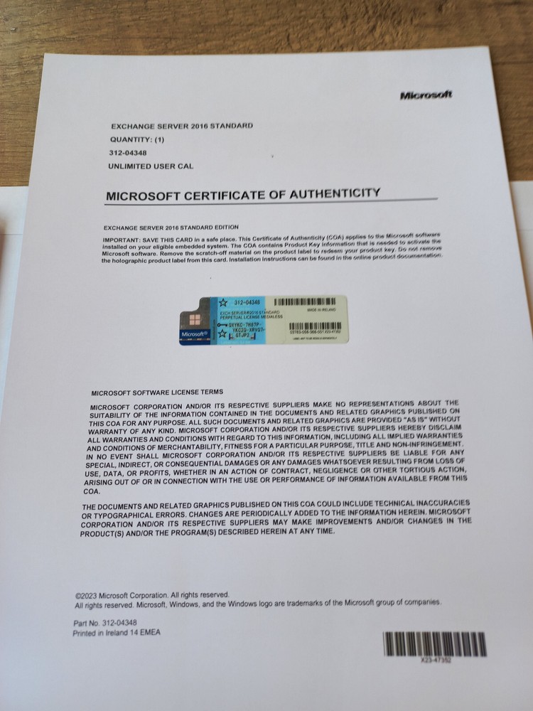 Microsoft Exchange Server 2016 STANDARD Retail Unlimited CAL CoA Authentic