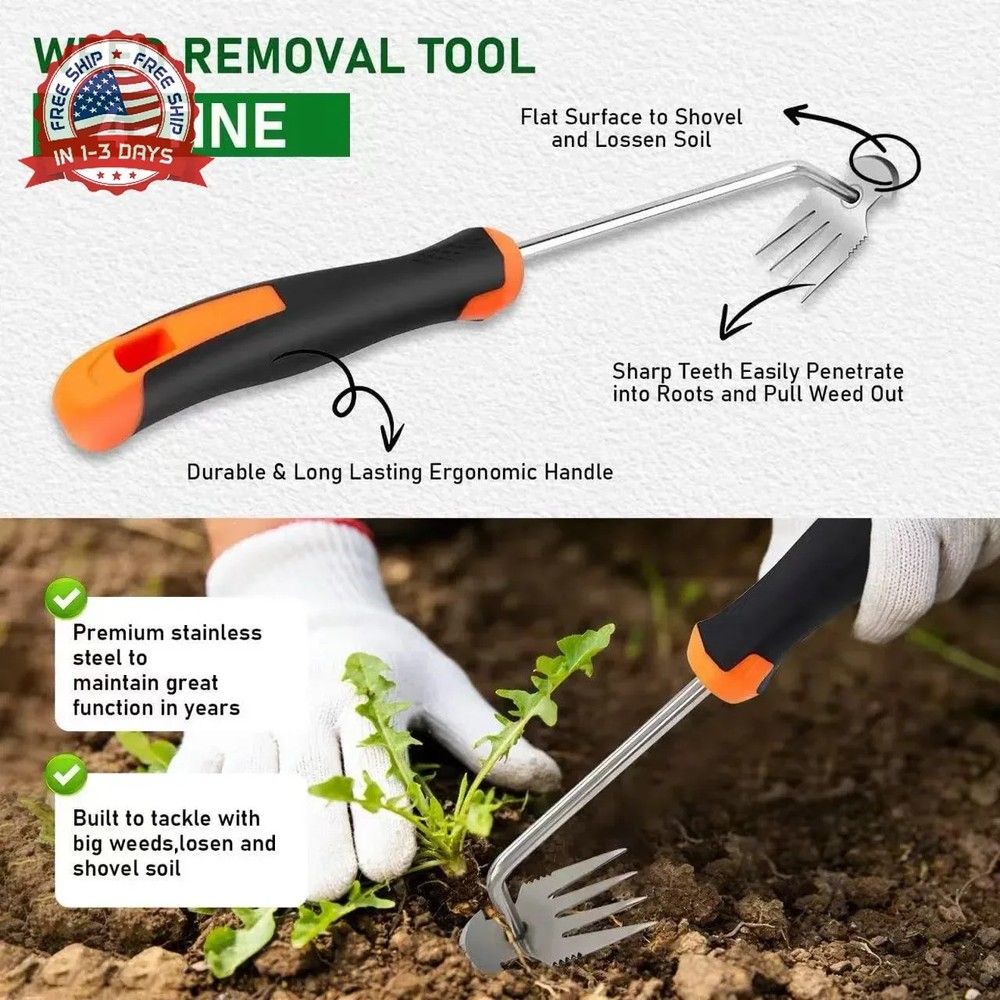 Weed Puller Tool, 2-in-1 Hand Weeder Tool with 4 Sharp Tines & Blade, Manganese