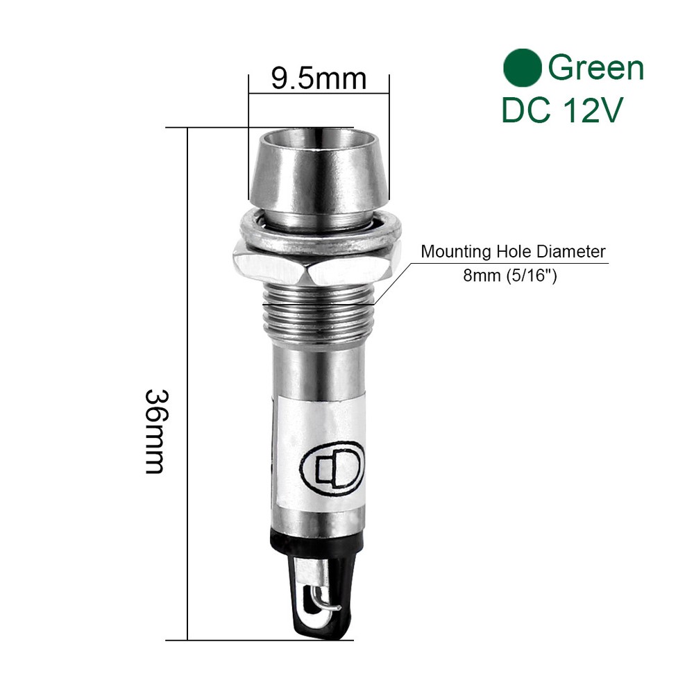 6pcs Indicator Light DC 12V Green Metal Shell Panel Mount 5/16" 8mm