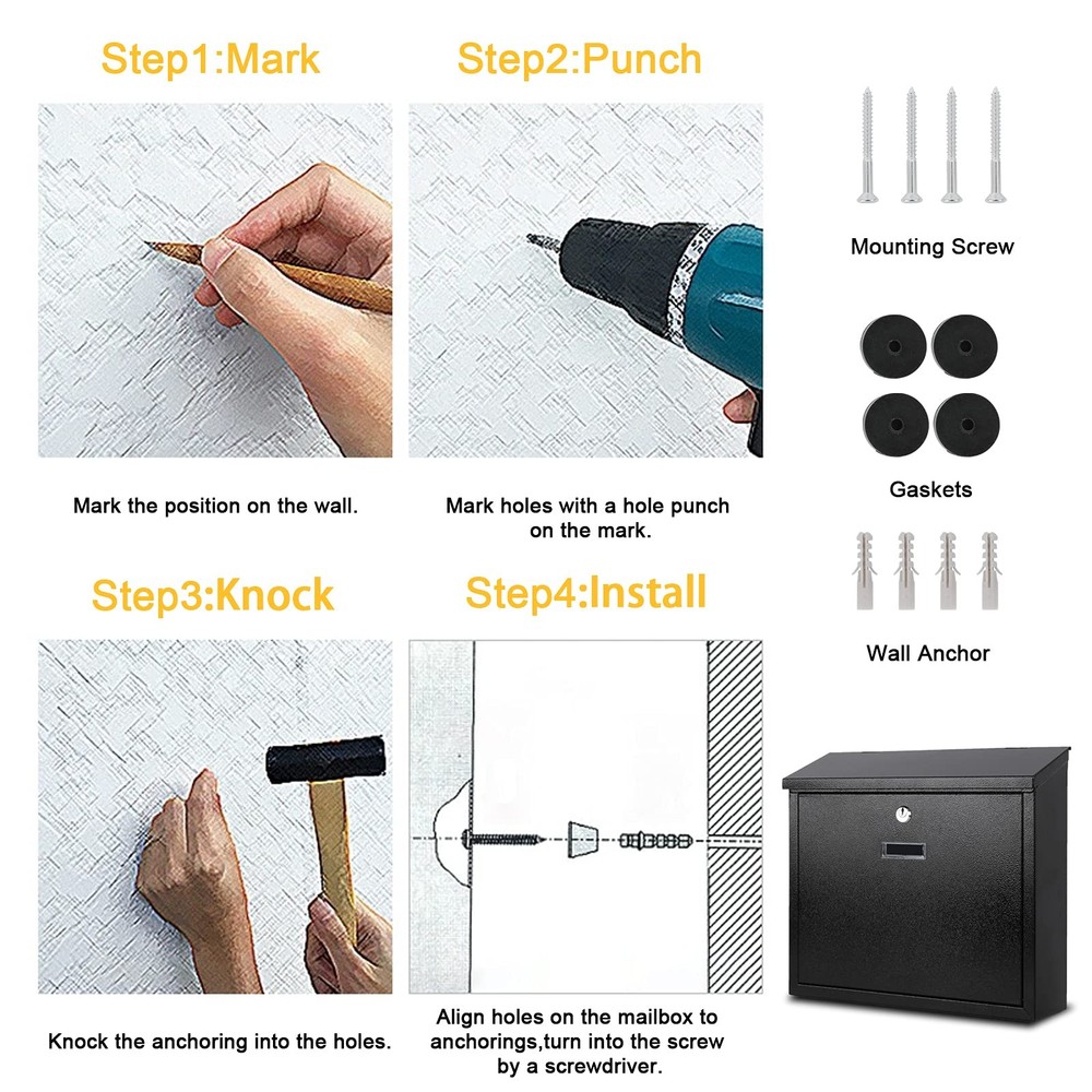 Mail Boxes with Key Lock,Locking Mailbox Wall Mounted,Security Black