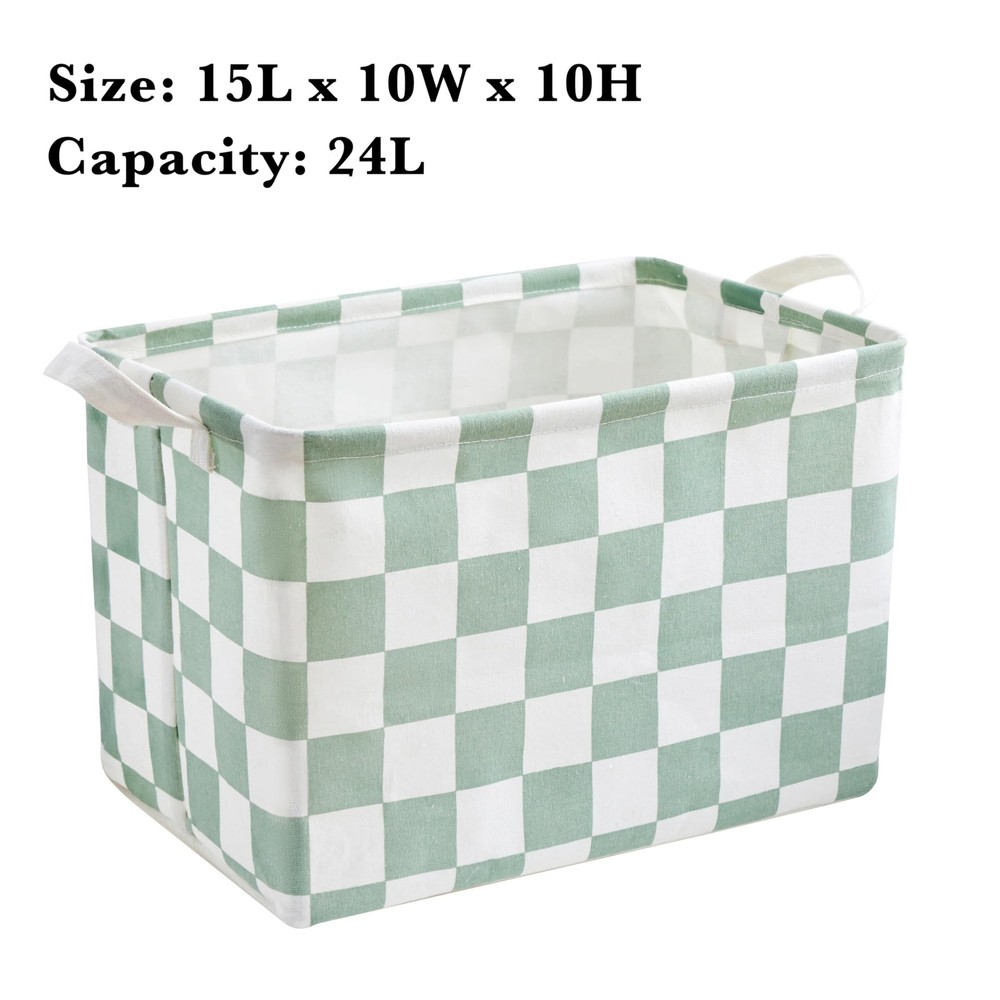 Sage Green Checkered Canvas Basket, Rectangular Organizing Decorative Storage...