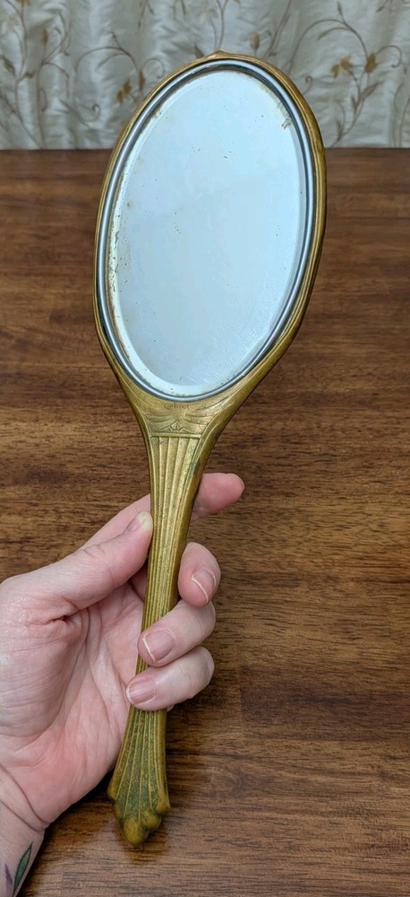 Antique Victorian Hand Held Vanity Mirror Engraved Initials
