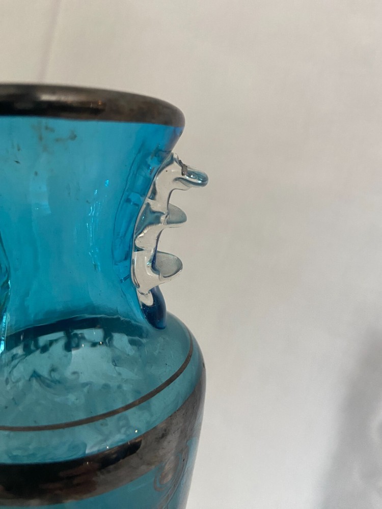 Vintage Blue Glass Vase with Applied Silver