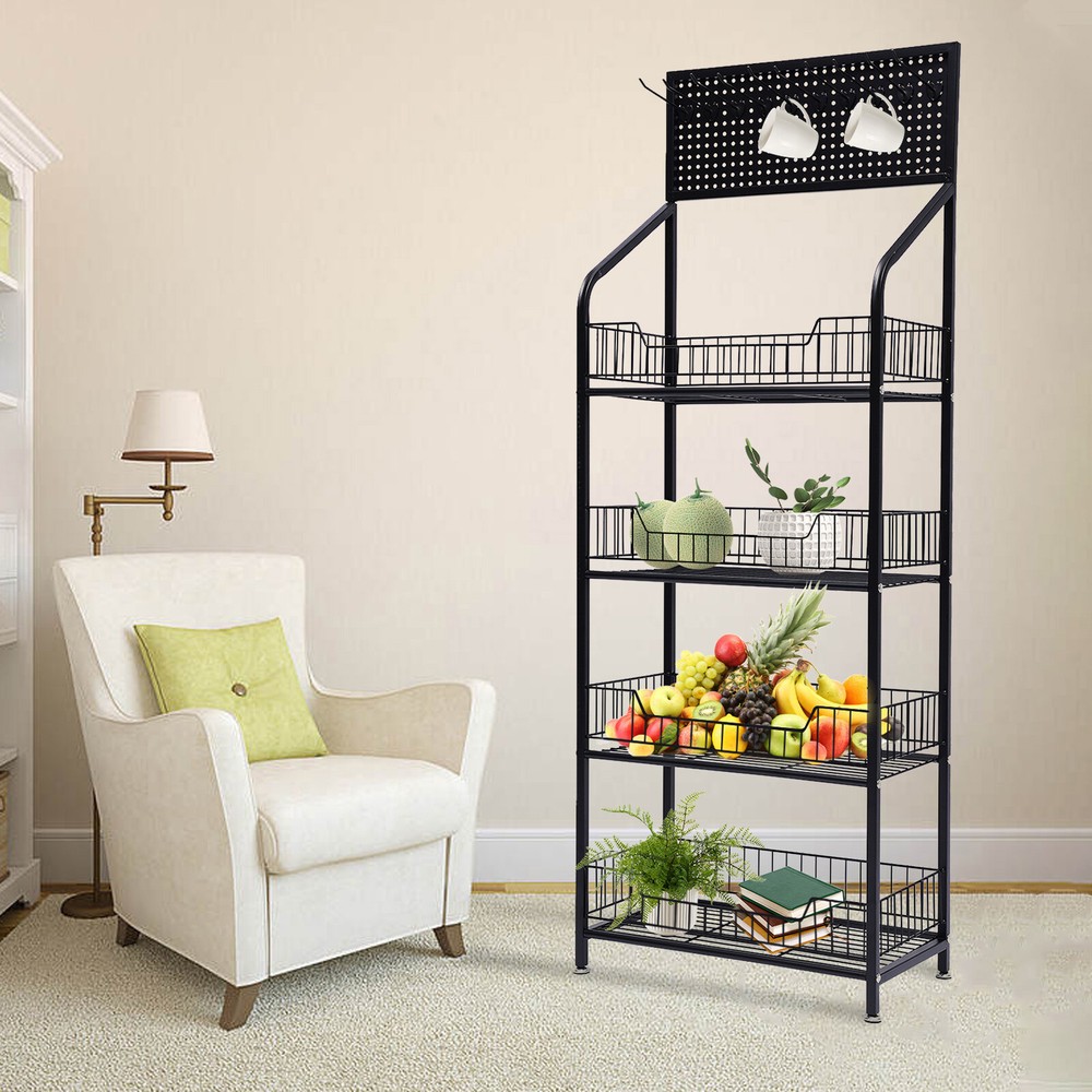 Kitchen Baker's Rack 4 Tier Rolling Metal Storage Shelf Black 55" Height+Wheels