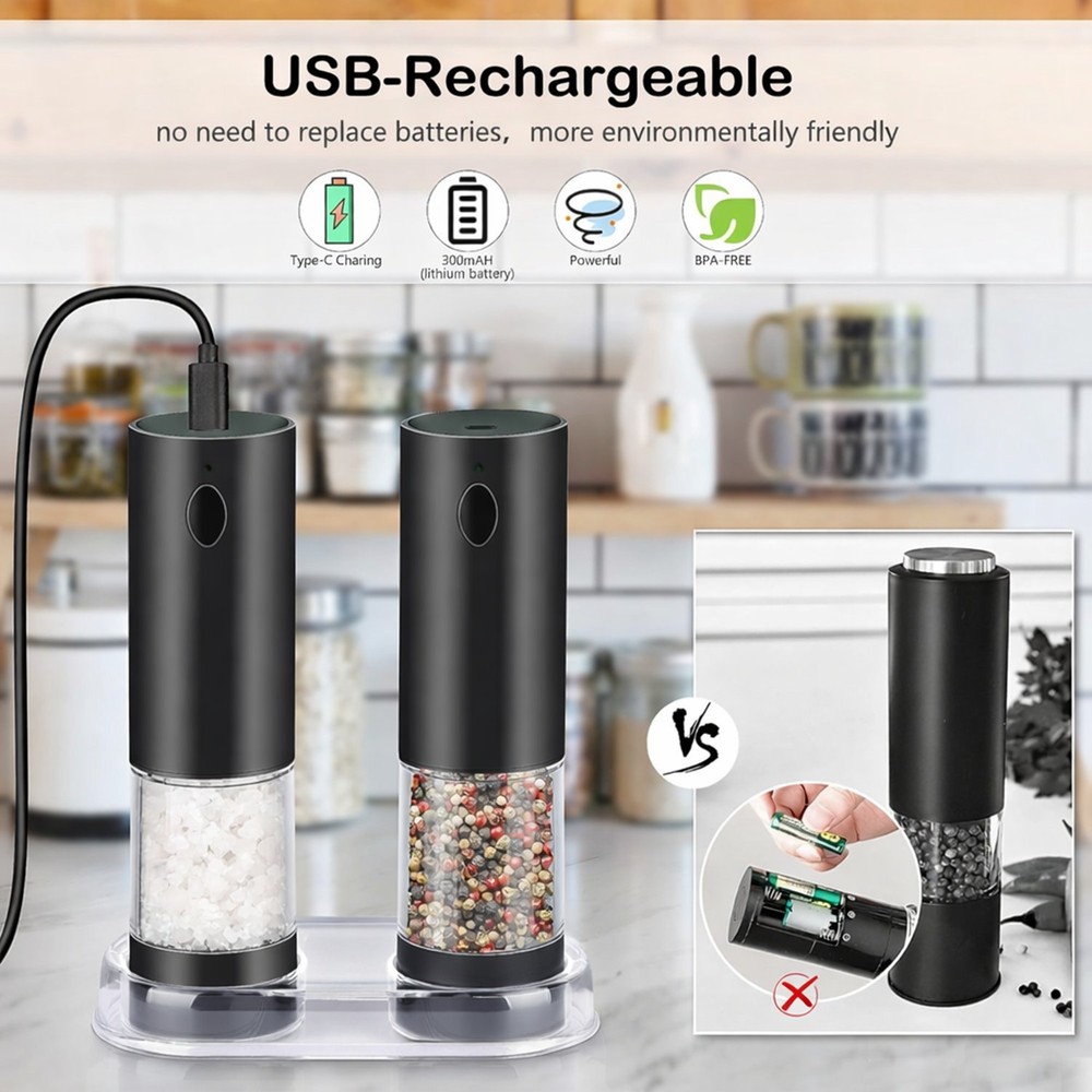 2 Pack Automatic Electric Salt Pepper Grinder Set with Adjustable Coarseness