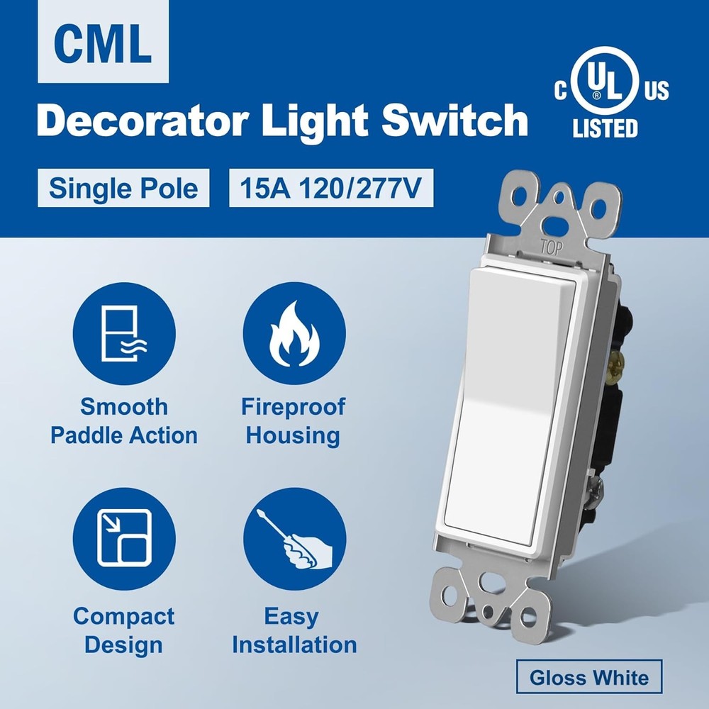 CML Single Pole Decorator Light Switch, 20 Pack Rocker Paddle Wall Switch, 15A 1