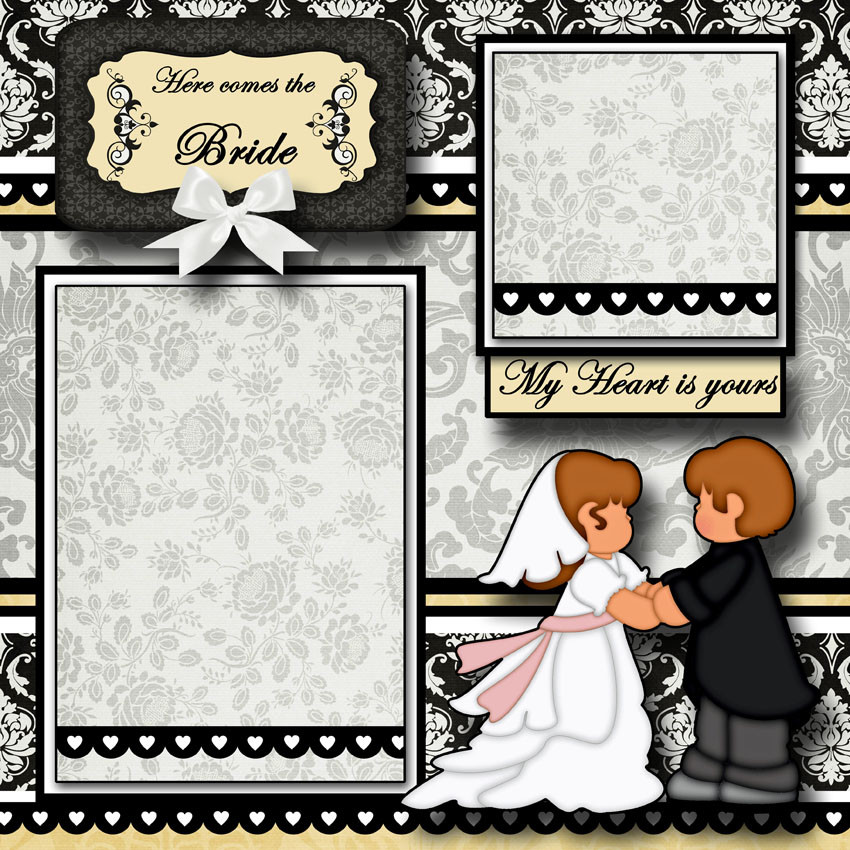 WEDDING ~ 2 premade scrapbook pages paper piecing layout printed BRIDE ~ Cherry