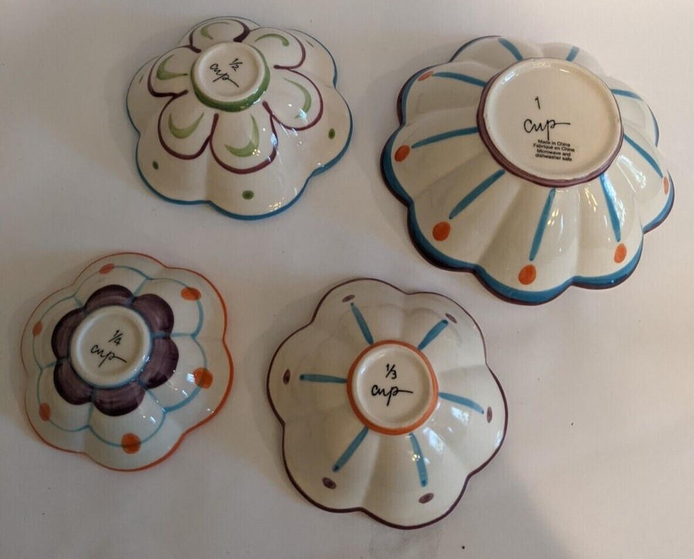 Bright Colored Floral Nesting Ceramic Measuring Cups 4 Pieces Boho Shabby Chic