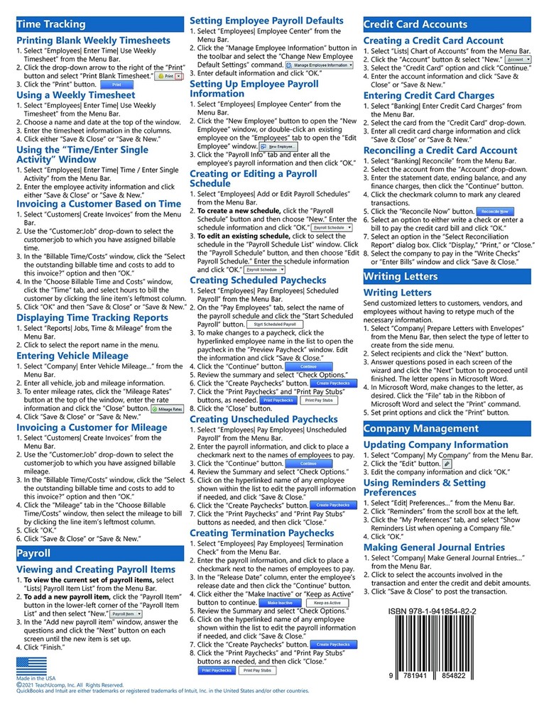 QuickBooks Pro 2022 Training Guide Quick Reference Card 4 Page Cheat Sheet