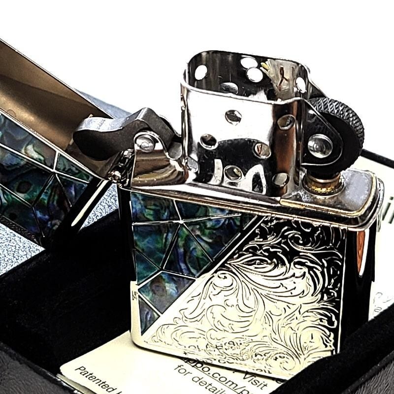 Zippo Arabesque Shell Pattern Silver Green Mirror Finish One Sided Processing