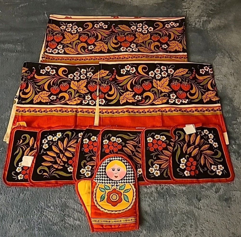 Набор Для Кухни Из 10 Предметов Хохлома 100% Хлопок. Новый.