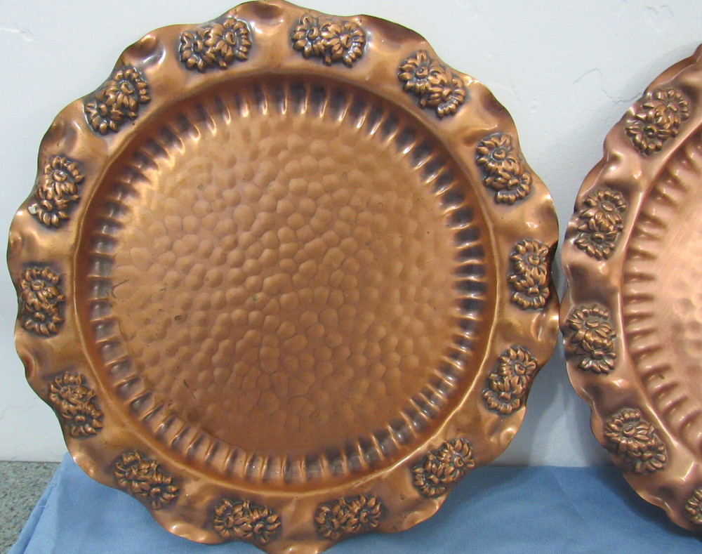 Solid Gregorian Copper Hammered Plate Flowers Wall Hanger Folk Art