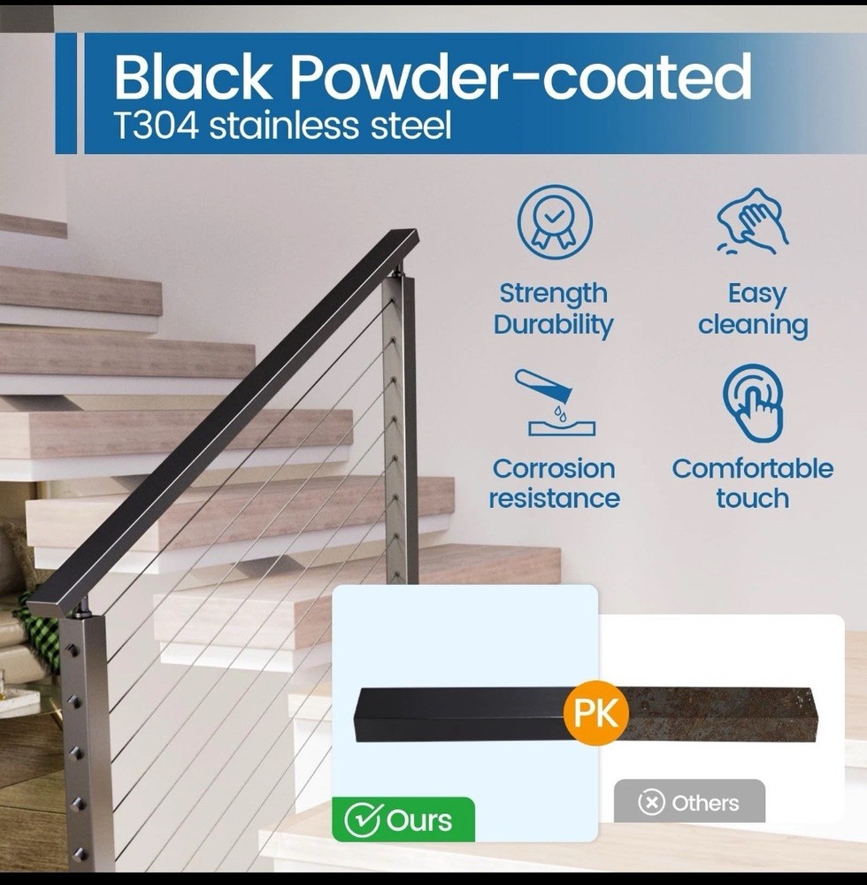 2x6'6" Stainless Steel Handrail Black Rectangular Top 2 pack