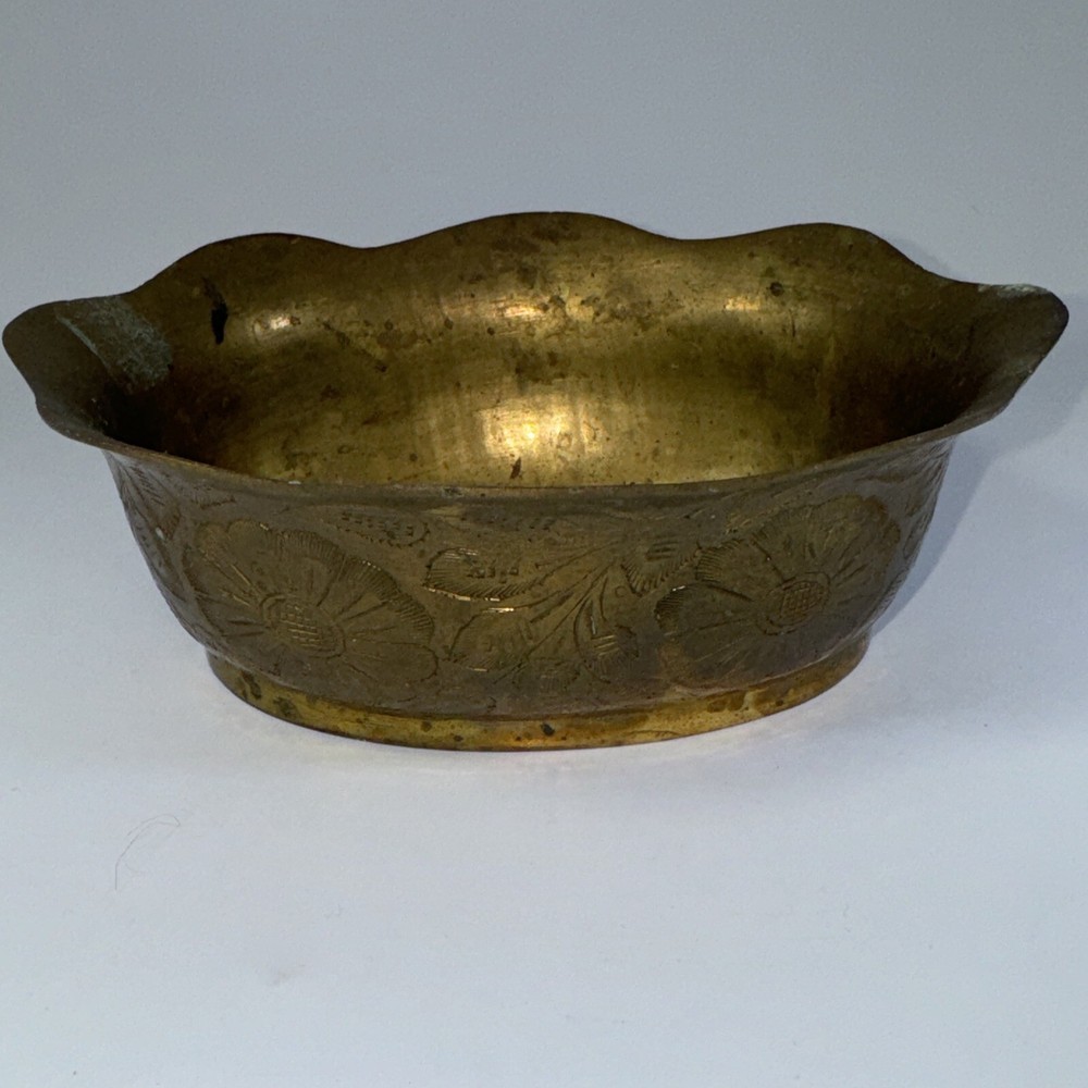India Etched Brass Flower And Leaf Pattern Bowl
