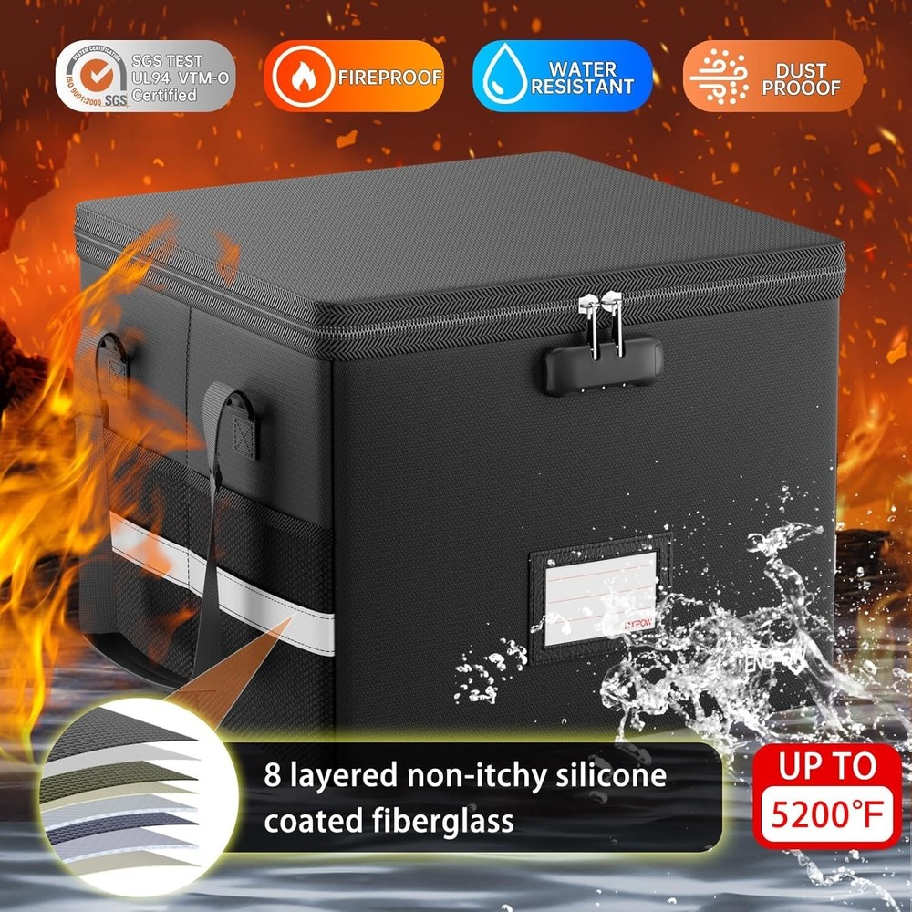 Lockable Fireproof File Box with Mesh Pockets - Protect Documents & Valuables