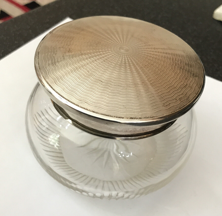 HM Hallmarked Solid Sterling Silver Glass Engine Turned Dressing Table Pot Box