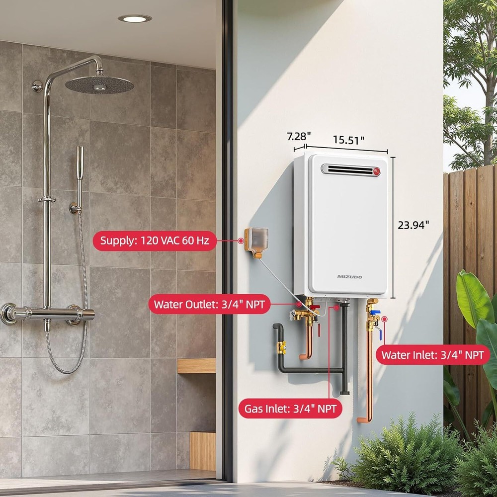 120K BTU Tankless Water Heater Outdoor Propane Gas 5.1 GPM Constant Hot Water